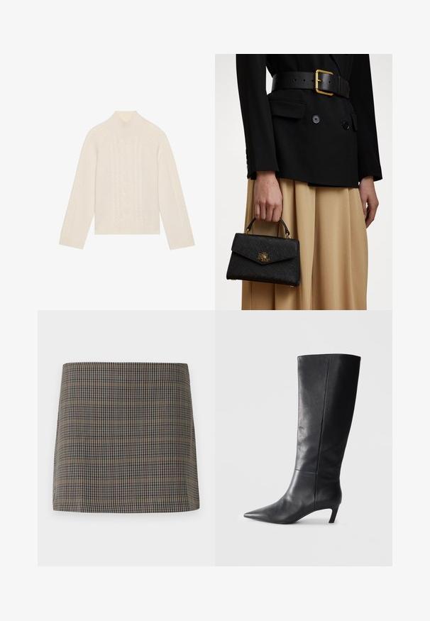 Blazer en pied-de-poule beige avec un col cranté, cinq boutons et un ourlet asymétrique. Doublé d'un tissu lisse de couleur neutre.; Pull en laine de couleur crème avec col montant et détails en torsades. Il présente des manches longues ainsi que des poignets et un ourlet côtelés.; Jupe mini à motif damier présentant des tons marron, beige et marine, avec une texture lisse et une coupe droite, conçue sans fermetures visibles.; Botte noire en cuir jusqu'au genou avec un bout pointu, un design structuré et un talon modeste. Texture lisse, détails de couture minimalistes.; Sac à main noir structuré avec une finition texturée, quincaillerie dorée et une poignée supérieure. Porté avec un blazer noir et une jupe beige.