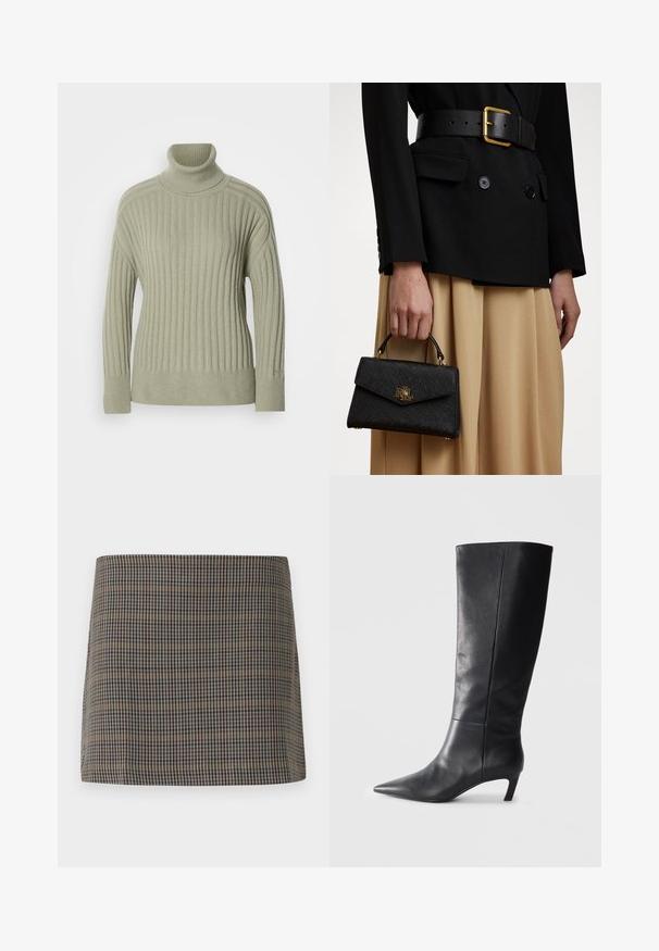 Beige Hahnentritt-Blazer mit Reverskragen, fünf Knöpfen und einem asymmetrischen Saum. Gefüttert mit einem glatten, neutralfarbenen Stoff.; Hellgrüner Rollkragenpullover aus geripptem Strickstoff. Dropped-Shoulder-Design, minimale Nahtdetails und lange Ärmel.; Karierte Minirock in Braun-, Beige- und Marineblau-Tönen mit einer glatten Textur und geradem Schnitt, ohne sichtbare Verschlüsse entworfen.; Schwarzer Lederstiefel bis zum Knie mit spitzer Zehenform, strukturiertem Design und einem moderaten Absatz. Glatte Textur, minimale Nähte.; Schwarze strukturierte Handtasche mit strukturierter Oberfläche, goldenen Beschlägen und einem oberen Griff. Getragen mit einem schwarzen Blazer und einem beigen Rock.