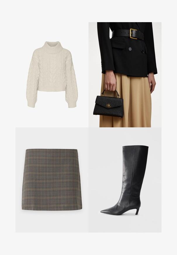 Beige houndstooth blazer met een geknipt kraag, vijf knopen en een high-low zoom. Voering van een glad, neutraal gekleurd stof.; Vero Moda VMDREAM CROP - Trui - birch; Gedeeld minirok met bruin, beige en marineblauwe tinten, met een gladde textuur en rechte snit, ontworpen zonder zichtbare sluitingen.; Zwarte leren kniehoog laars met een spitse neus, gestructureerd ontwerp en een bescheiden hak. Stijlvolle textuur, minimale stikseldetails.; Zwarte gestructureerde handtas met een getextureerde afwerking, gouden hardware en een bovenhandvat. Draagt bij een zwarte blazer en een beige rok.