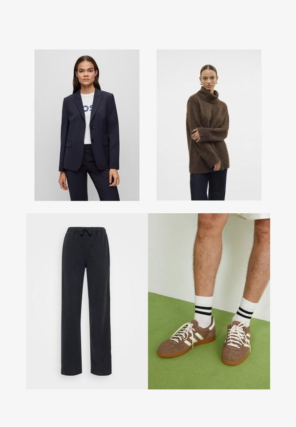 Džinsinis švarkas su pritaikytu dizainu, turintis įpjautą atvartą, dvi priekinės kišenes ir dvi sagas, uždėtas ant baltos marškinių su mėlyna užrašu.; Rudas megztinis su aukštu kaklu, su dryžuotais rankogaliais ir apvadu; minkštas paviršius; laisvas siluetas; šiek tiek laisvesnis kirpimas. Modelis dėvi tamsias džinsines kelnes.; Juodi, laisvi, medvilniniai kelnių su elastinga juosta ir reguliuojamu raišteliu. Tiesūs šlaunies dizainai, be matomų kišenių ar papuošimų.; Rudoni veršiai sportbačiai su baltais akcentais ir raišteliais. Gumos padu. Dėvimi su baltais kojinėmis, turinčiomis juodas juostas. Žalios tekstūruotos grindys.