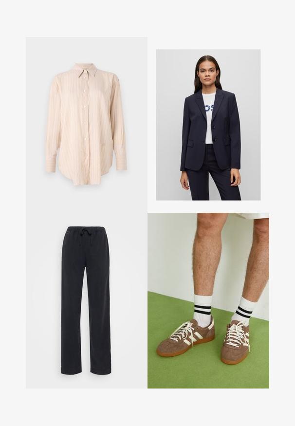 Sötétkék blézer, testre szabott kialakítással, kiemelkedő gallérral, két elülső zsebbal és két gombbal, fehér ing felett, kék felirattal.; Világos bézs gombos ing hosszú ujjakkal, vékony függőleges csíkokkal és klasszikus gallérral. Sima, puha anyagból készült.; Fekete, laza szabású, pamut nadrág rugalmas derékkal és állítható zsinórral. Egyenes szárú kialakítás, látható zsebek vagy díszítések nélkül.; Barna velúr sportcipő fehér díszítéssel és fűzővel. Gumi talp. Fehér zoknival viselve, fekete csíkokkal. Zöld, textúrázott padló.