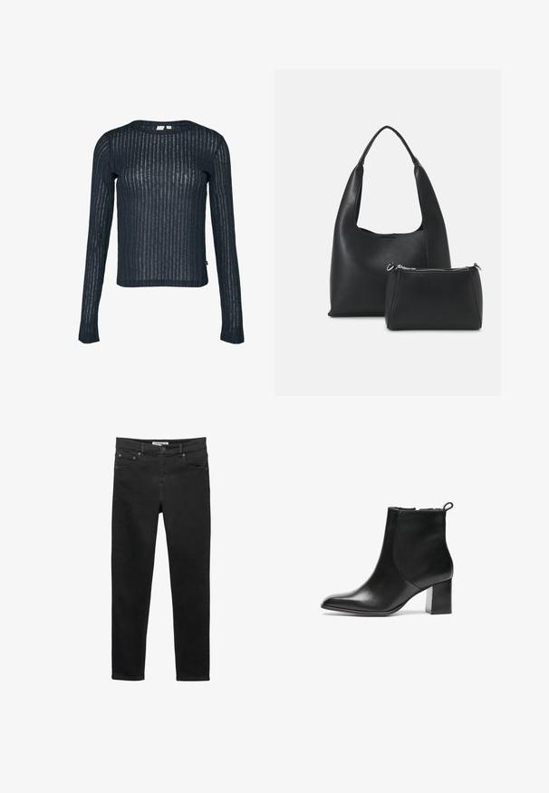 Zwarte blazer met een klassiek ontwerp, beschikt over studs op de schouders, twee voorzakken en een enkele knoopsluiting.; Marineblauw langemouwen top gemaakt van doorschijnende, gestructureerde stof met verticale strepen. Ronde halslijn en iets gecropt zoom. Label zichtbaar aan de zijkant.; Zwarte spijkerbroek van denim met een slim fit, vijf zakken, knoopsluiting en riemlussen. Glad textuur met een consistente kleur.; Zwarte leren enkelboot met een ronde neus, een blokhak van gemiddelde hoogte en een trekstrap aan de achterkant. Glad textuur, minimalistisch ontwerp.; Even&Odd Handtas - black
