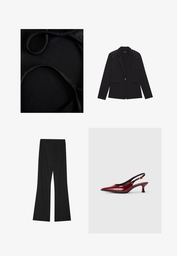 Svart blazer med klassisk design, har nagledetaljer på skuldrene, to frontlommer og en enkelt knappelukking.; Svarte badetøystoff med glatt tekstur, buede stropper og flate sømmer, designet for komfort og fleksibilitet under bruk.; Svarte vide bukser med teksturert stoff, som har en elastisk midje og en løs passform, designet for komfort og bevegelsesfrihet.; Burgunderfargede lakket skinn slingback hæler med spiss tå og en elegant stilettohælhøyde. Åpen bakdesign med justerbar ankelrem.