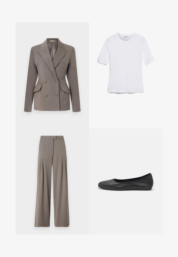 Sacou gri cu două rânduri de nasturi, interior satinat, rever ascuțit, două buzunare frontale și închidere cu două nasturi. Croială ajustată cu umeri structurați.; Tricou alb cu mânecă scurtă, confectionat dintr-un material texturat. Gât rotund, tăietură regulară și detalii subtile de cusătură. Fără modele sau grafice.; Pantaloni largi dintr-un material bleu deschis, cu pliseuri, față plată și tiv curat. Textură netedă cu o strălucire subtilă.; Balerini din piele neagră, cu vârf rotund, textură netedă, detalii de cusătură minimale și un design al tălpii flexibil.