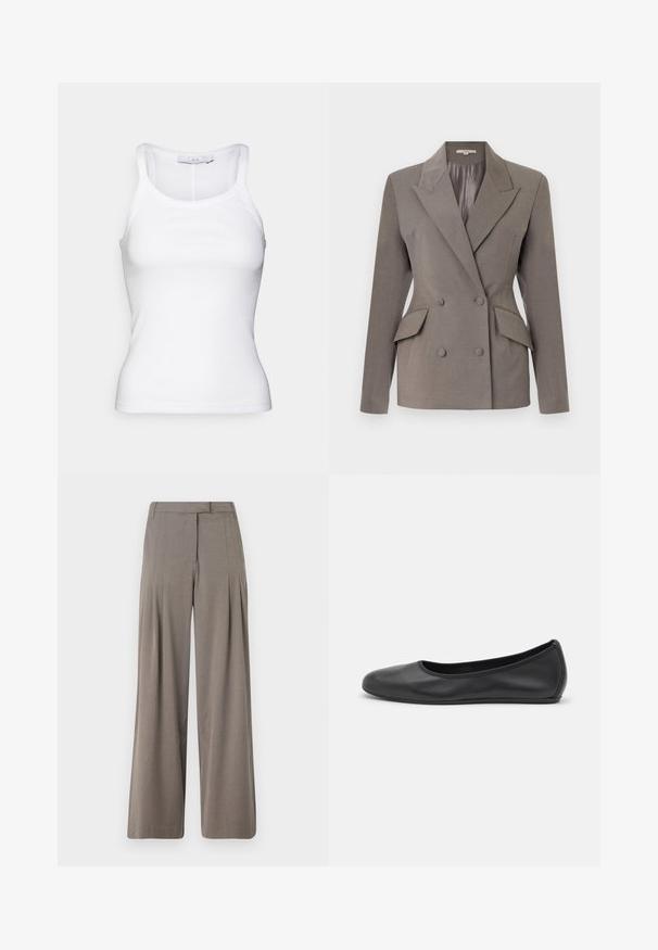 Dvoredni sivi blazer s satenskom unutrašnjošću, vrhunskim reverima, dva prednja džepa i zatvaranjem na dva dugmeta. Prilagođeni kroj sa strukturiranim ramenima.; Bijela pamučna majica bez rukava s uskim dizajnom, rebrastom teksturom i uskim naramenicama. Nevidljivi rubovi na izrezu i donjem dijelu.; Hlače s širokim nogavicama u svijetlosmeđem materijalu, s plisama, ravnim prednjim dijelom i uredno obrubljenim rubom. Glatka tekstura s suptilnim sjajem.; Crne kožne baletanke s zaobljenim vrhom, glatke teksture, minimalnim detaljima šavova i fleksibilnim dizajnom potplata.