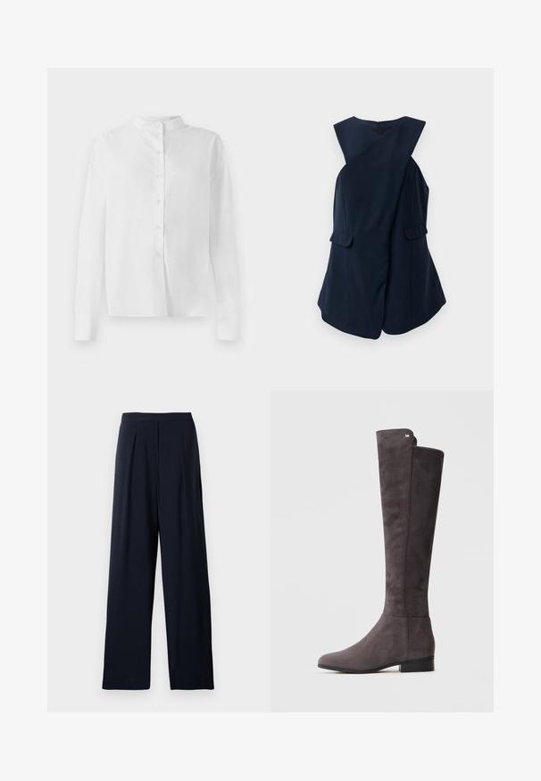 Ujjatlan tengerészkék ruha, átkötős fazonban és két zsebével, egy fehér háttér előtt bemutatva.; Fehér, hosszúujjú gombos ing mandarin gallérral és rejtett gombos záródással, fehér háttéren bemutatva.; Sötétkék, bő szárú nadrág, amely lágy anyagból készült. Simma derékpánttal rendelkezik, és díszítés nélküli dizájnja sokoldalú viseletet biztosít.; Sötétszürke velúr térdig érő csizma alacsony sarkakkal és diszkrét fényes logóval a tetején, sima világos háttér előtt.