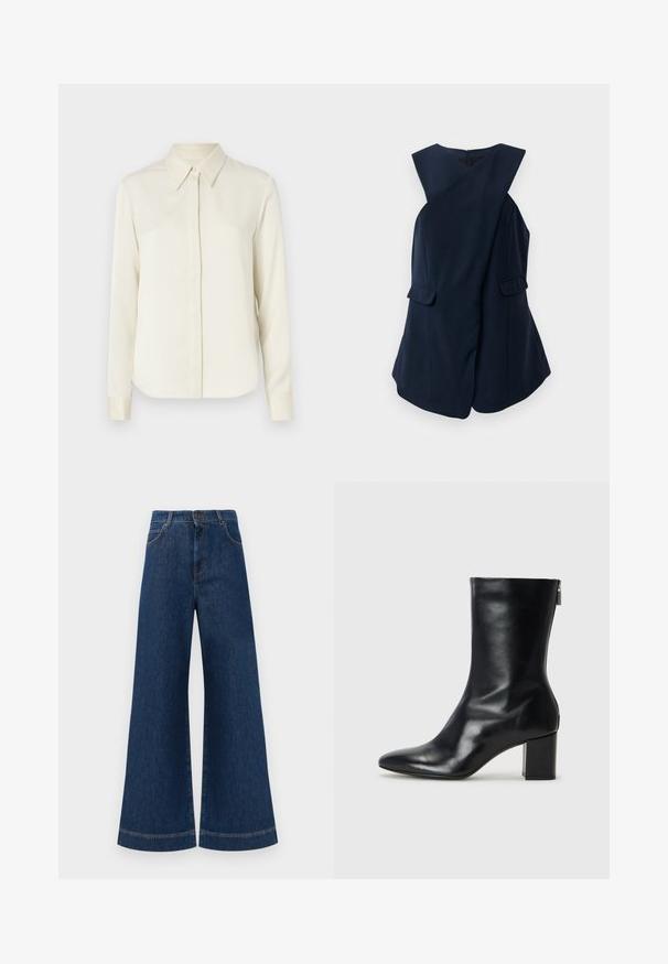 Abito senza maniche di colore blu navy con un design avvolgente e due tasche a pattina, esposto su uno sfondo bianco.; Tiger of Sweden CELSA - Camicia - ivory white; Jeans in denim blu a gamba larga con vita alta, dotati di chiusura a bottone, passanti per cintura e dettagli di cucitura sottili lungo le tasche e i orli.; Stivale alla caviglia in pelle nera con punta affusolata e tacco a blocco di 4 cm. Design elegante con cerniera laterale per una facile calzata. Tessuto liscio.