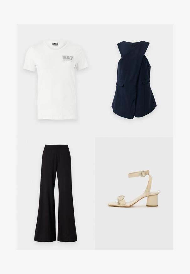 Bez piedurknēm, tumši zils kleita ar apvītu priekšpusi un divām kabatām ar atloku, attēlota uz baltas fona.; Balta kokvilnas T-krekls ar īsām piedurknēm, apaļu dekoltē un sudrabkrāsas EA7 logo kreisajā krūtīs. Gluda tekstūra, brīva piegriezums.; Melnas platās bikses, kas izgatavotas no gludas auduma ar augstu, elastīgu jostasvietu. Bikses ir pilna garuma un tām ir vienkārša dizaina bez rakstiem.; Bežīgi augstpapēžu sandales ar minimālistisku dizainu, kas izceļas ar divām apļu akcentiem un masīlu papēdi. Izgatavotas no gludas ādas.