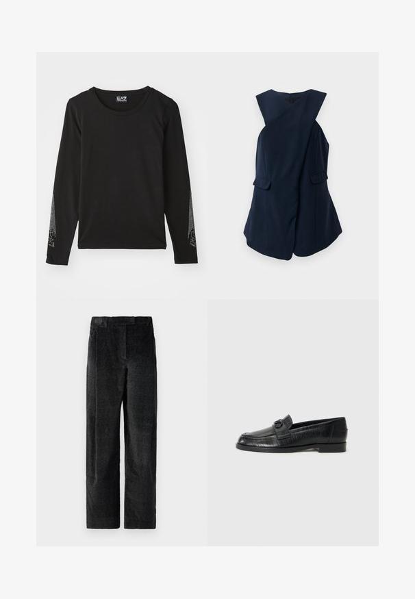 Vestido azul marinho sem mangas com um design em frente de envoltório e dois bolsos de aba, apresentado contra um fundo branco.; Camisa preta de mangas longas, feita de material suave, apresentando um decote redondo e adornos prateados nas mangas em um padrão degradê.; Calças largas pretas, texturizadas, com um padrão de tecido pronunciado, apresentando pregas frontais e uma cintura plana. Design clássico para versatilidade.; Mocassins de couro preto com um cabedal suave, padrão linear em relevo e um detalhe decorativo em fivela no peito do pé. Salto baixo e quadrado.