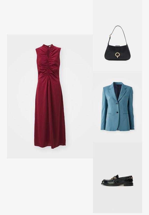 Blazer verde acqua con un design strutturato, rever a punta, due bottoni e tasche laterali. Tessuto morbido con una leggera lucentezza. Interno foderato.; Vestito senza maniche bordeaux con dettagli arricciati, scollatura alta e apertura a chiave. Tessuto morbido, lungo fino al pavimento, corpetto aderente e gonna fluida.; Mocassini neri in pelle con finitura lucida, dotati di due fibbie dorate e tacco basso. Texture liscia con design a punta arrotondata.; Borsa a tracolla in pelle nera con silhouette curva, manico corto, hardware centrale in tonalità oro e texture liscia. Nessun motivo o dettaglio visibile.