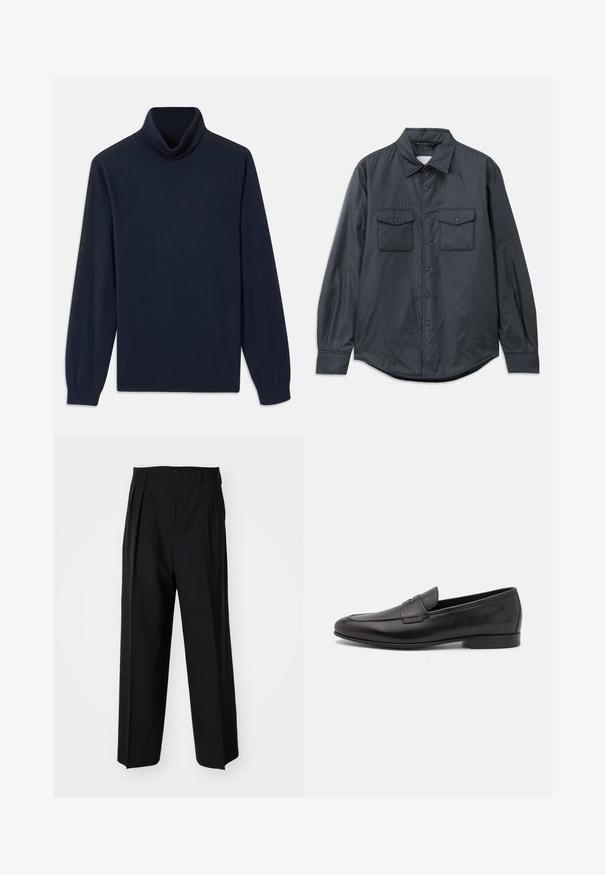 Camisa de manga longa cinza escura feita de tecido suave, com colarinho pontudo, dois bolsos no peito e fecho por botões na frente.; Suéter de gola alta azul marinho feito de tecido liso, com gola canelada e mangas longas com punhos ajustados. Design simples sem padrões.; Calças pretas plissadas com um design reto e de perna larga. Feitas de um tecido liso, apresentam um fecho de botão e passantes para cinto.; Sapatilha masculina em couro preto, com salto baixo e um design clássico com tira de moeda, apresentada em perfil lateral sobre um fundo branco.