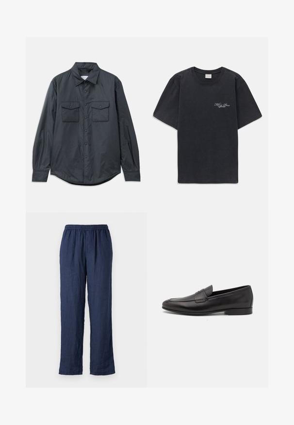 Tummanharmaa pitkähihainen paita, joka on valmistettu sileästä kankaasta. Paidassa on terävä kaulus, kaksi rintataskua ja napitus edessä.; Mustat lyhythihaiset t-paidat, joissa on pieni valkoinen "Filling Pieces" -tekstilogo vasemmassa rinnassa.; ASPESI PANTALONE - Housut - blu/blue; Musta nahkainen miesten loaferi, jossa on matala korko ja klassinen penny-nauha, esitelty sivuprofiilissa valkoista taustaa vasten.