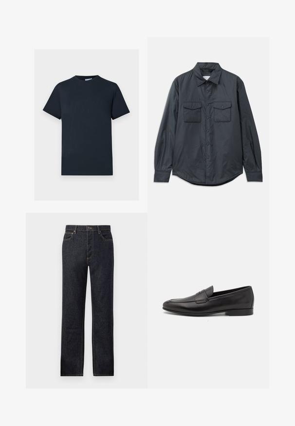 Temno siva majica z dolgimi rokavi iz gladkega materiala z izbočenim ovratnikom, dvema žepoma na prsih in gumbnim zapiranjem spredaj.; Mornarsko modra bombažna majica, kratki rokavi, okrogli ovratnik, z teksturiranim logotipom na prsih v svetlejši odtenek.; Temno modri kavbojke z ravno krojem, kontrastnim rumenim šivom, pet-pocket obliko in sprednjim gumbom za zapiranje.; Moški črni usnjeni loafer s nizkim peto in klasičnim penny trakom, prikazan v bočnem profilu na belem ozadju.