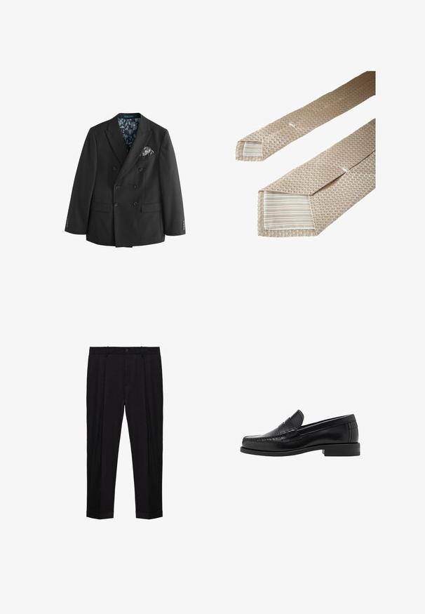 Jaquetă de costum cu două rânduri de nasturi, neagră, confecționată dintr-un material fin, având o căptușeală interioară cu un model floral și un batic în contrast.; Cămașă albă cu mâneci lungi, confecționată dintr-un material neted, având un guler îngust cu deschidere, mânecă cu nasturi și manșete cu un singur nasture.; Pantaloni negri croiți, cu bucle pentru centură, închidere cu buton și fermoar în față, pliuri și tivuri manșetate.; Mocasini negri din piele, cu un finisaj neted, detalii cusute pe vârf și un design cu toc jos pentru confort și stil.; Cravat bej din țesătură cu un model texturat. Capetele sunt căptușite cu un material striped, având dungi orizontale mai deschise și mai închise.