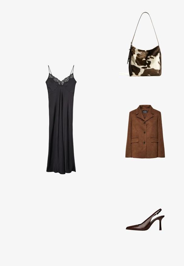 Giacca in suede marrone con colletto a punta, chiusura con un solo bottone e due tasche frontali. Presenta una texture liscia e un design su misura.; Abito sottile in raso nero con spalline regolabili e un bordo in pizzo lungo il collo, caratterizzato da una texture fluida e morbida.; Scarpa pump slingback in pelle marrone con punta affusolata e tacco sottile. Presenta una piccola fibbia decorativa sulla cinghia e una finitura lucida.; Borsa a spalla in pelle bovina marrone e crema con tracolla in pelle liscia, chiusura con zip e superficie morbida e testurizzata con un motivo naturale.