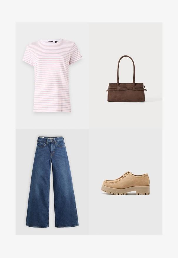 Ruskea mokkatakki, jossa on lovellinen kaulus, yksi nappisuljenta ja kaksi etutaskua. Takissa on sileä pinta ja kapea leikkaus.; Valkoinen puuvillapaita, jossa on ohuita vaaleanpunaisia raitoja, pyöreä pääntie ja lyhyet hihat. Pehmeä tekstuuri, rento malli ja etiketti pääntiessä.; Laaja lahkeet siniset farkut viidellä taskulla, nappikiinnitys ja kontrastivärinen ommel, joissa on pehmeä ja teksturoidu pinta.; Beige mokkanahka kengät, joissa on pyöreä kärki, nauhakiinnitys ja paksu, teksturoitu kumipohja, jossa on syvät urat pidon parantamiseksi.; Ruskean mokkanahkainen käsilaukku, jossa on kaksi tukevaa kahvaa, suorakulmainen muoto ja koristeellinen hihnayohtelu edessä.