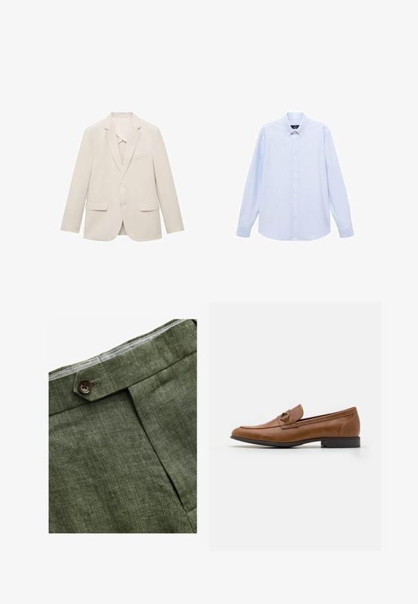 Light beige suit jacket made of smooth fabric, featuring a single-breasted design, notch lapels, and two front pockets.; Light blue long-sleeve button-up shirt with a classic collar, straight hem, and subtle texture. Features a central button closure.; Olive green linen trousers with a front pleat, featuring a button closure and a contrasting checkered lining at the waistband.; Brown leather loafers with a flat heel, featuring a decorative metal accent on the front, sleek design, and smooth texture.