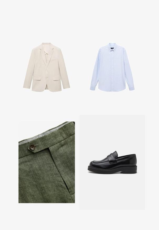 Lichtbeige colbert gemaakt van een gladde stof, met een enkelvoudige sluiting, notch revers en twee voorzakken.; Lichtblauwe overhemd met lange mouwen, knoopsluiting en een klassieke kraag, met een rechte zoom en een subtiele textuur. Voorzien van een centrale knoopsluiting.; Olijf groene linnen broek met een voorplooi, voorzien van een knoopsluiting en een contrasterende geruite voering bij de tailleband.; Zwarte leren loafer met een ronde neus, decoratieve voorste stiksel en een dikke rubberen zool. Gladde textuur met een gepolijste afwerking.