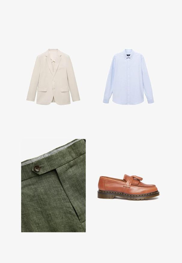 Giacca da uomo beige chiaro realizzata in tessuto liscio, caratterizzata da un design a un petto, rever a inversione e due tasche frontali.; Camicia azzurra a maniche lunghe con colletto classico, orlo dritto e una trama sottile. Presenta una chiusura centrale con bottoni.; Pantaloni in lino verde oliva con piega frontale, dotati di chiusura con bottone e una fodera a quadretti a contrasto nella cintura.; Mocassini in pelle marrone con un accento a frange, dettagli cuciti e una suola spessa traslucida con un bordo arancione a contrasto.