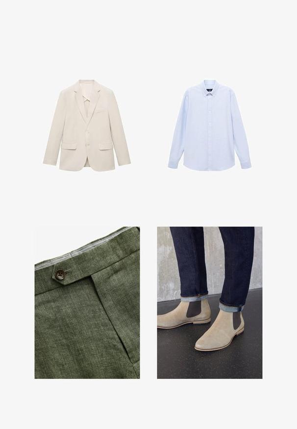 Giacca da uomo beige chiaro realizzata in tessuto liscio, caratterizzata da un design a un petto, rever a inversione e due tasche frontali.; Camicia azzurra a maniche lunghe con colletto classico, orlo dritto e una trama sottile. Presenta una chiusura centrale con bottoni.; Pantaloni in lino verde oliva con piega frontale, dotati di chiusura con bottone e una fodera a quadretti a contrasto nella cintura.; Zign LEATHER - Stivaletti - sand