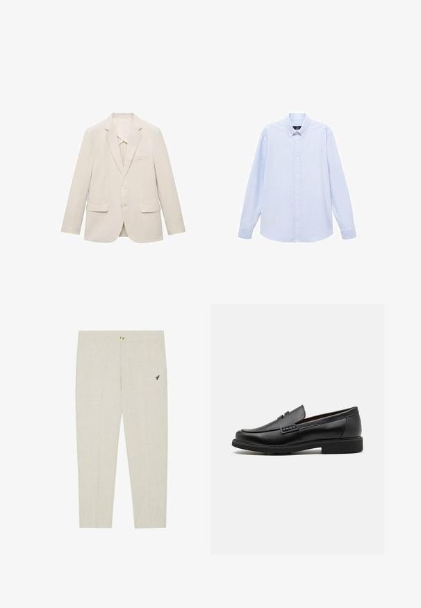 Svetlo béžová sako z hladkej látky, s jednoradovým dizajnom, s výrezovými klopami a dvoma prednými vreckami.; Svetlomodrá košeľa s dlhým rukávom a gombíkmi, s klasickým golierom, rovnými okrajmi a jemnou textúrou. Obsahuje centrálny gombíkový zapínací systém.; Svetlo béžové nohavice s presným strihom a jemnou textúrou, s gombíkovým zapínaním a vyšitým tmavým emblémom pri vrecku.; Čierne syntetické poltopánky s výrazným prešitým predným detailom, vycpanou vnútornou stielkou a plochou gumovou podrážkou; elegantný dizajn s minimálnym zdobením.