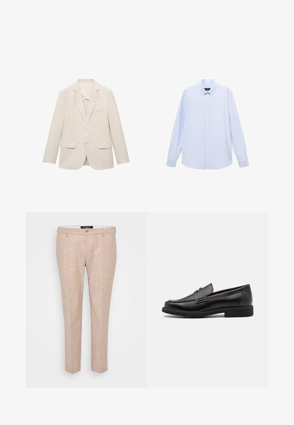 Giacca da uomo beige chiaro realizzata in tessuto liscio, caratterizzata da un design a un petto, rever a inversione e due tasche frontali.; Camicia azzurra a maniche lunghe con colletto classico, orlo dritto e una trama sottile. Presenta una chiusura centrale con bottoni.; Pantaloni beige chiaro realizzati in tessuto misto lino, con fronte piatto, passanti per cintura e chiusura a uno bottone. Design a gamba dritta su misura.; Mocassini sintetici neri con una spessa cucitura frontale, soletta imbottita e suola piatta in gomma; design elegante con dettagli minimi.