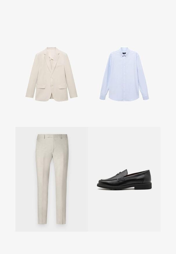 Svijetlosmeđa jakna od odijela izrađena od glatkog materijala, s jednim kopčanjem, otklonjenim reverima i dva prednja džepa.; Svijetloplava košulja dugih rukava s dugim rukavima i klasičnim ovratnikom, ravnim rubom i suptilnom teksturom. Ima središnje kopčanje na gumbe.; JOOP! Hlače - beige; Crne sintetičke loafers cipele s izraženim šavom sprijeda, podstavljenom uloškom i ravnim gumeni potplatom; elegantan dizajn s minimalnim detaljima.