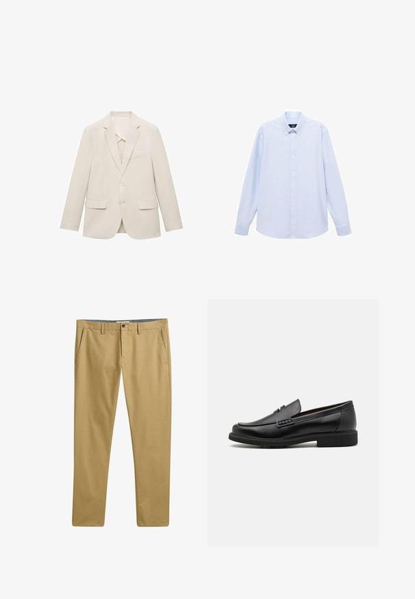 Giacca da uomo beige chiaro realizzata in tessuto liscio, caratterizzata da un design a un petto, rever a inversione e due tasche frontali.; Camicia azzurra a maniche lunghe con colletto classico, orlo dritto e una trama sottile. Presenta una chiusura centrale con bottoni.; Chinos khaki con una texture di tessuto liscia, design a gamba dritta, tasche frontali e chiusura con bottone. Vita strutturata con passanti per cintura.; Mocassini sintetici neri con una spessa cucitura frontale, soletta imbottita e suola piatta in gomma; design elegante con dettagli minimi.