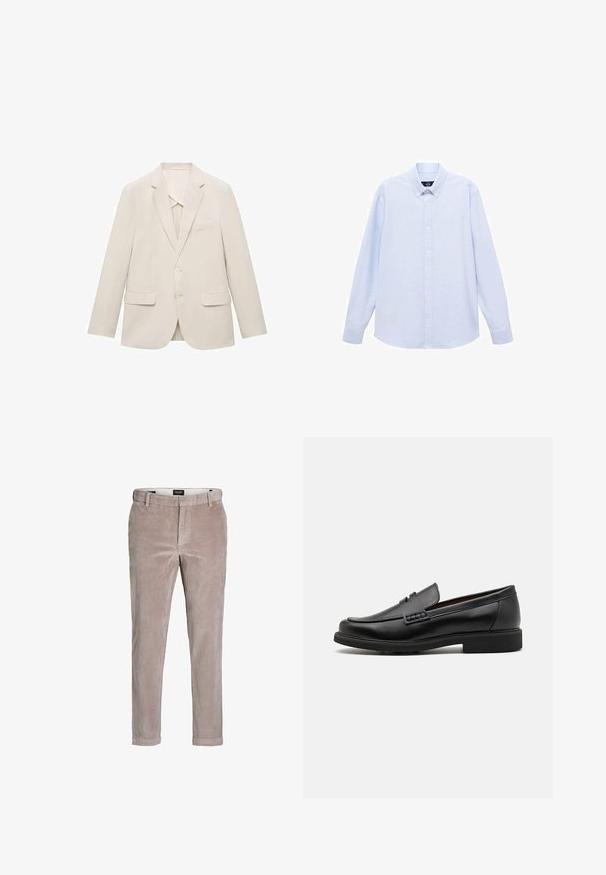 Světle béžová sako vyrobené z hladké tkaniny, s jednobarevným designem, klopami a dvěma předními kapsami.; Světle modrá košile s dlouhým rukávem a klasickým límcem, rovný lem a jemná textura. Má centrální uzávěr na knoflíky.; Světlé hnědé úzké kordové kalhoty s knoflíkovým zapínáním a poutky na opasek, navržené pro neformální nebo poloforální nošení.; Černé syntetické mokasíny s výrazně prošívanou špicí, měkkou stélkou a plochou gumovou podrážkou; elegantní design s minimálním zdobením.