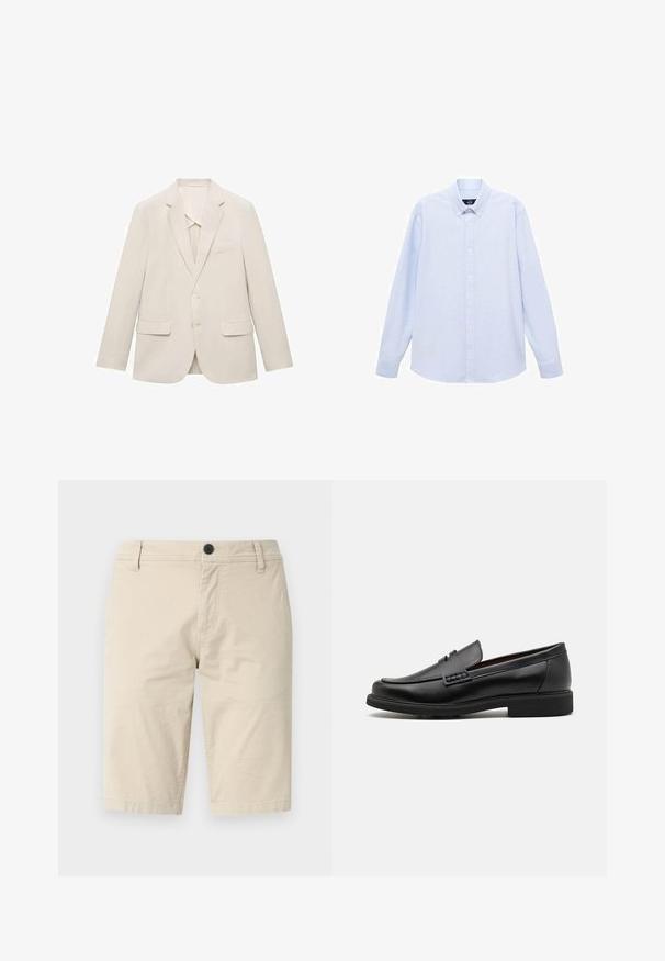 Lysbeige suitsjakke lavet af glat stof med enkeltknap -design, notch-klapkraver og to forreste lommer.; Lyseblå langærmet skjorte med knapper og klassisk krave, lige bund og subtil tekstur. Har en central knaplukning.; Beige shorts lavet af let væv, med en flad front, en enkelt knaplukning og to sidelommer; glat tekstur.; Sorte syntetiske loafers med en fremtrædende syet front, polstret indersål og flad gummiydersål; slankt design med minimal detaljer.