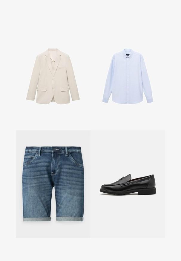 Helle beigefarbene Anzugjacke aus glattem Stoff, mit einem einreihigen Design, Reverskragen und zwei vorderen Taschen.; Hellblaues Langarmhemd mit Knopfleiste, klassischem Kragen, geradem Saum und subtiler Textur. Mit zentraler Knopfverschluss.; Dunkelblaue Jeansshorts mit einem dezenten, abgetragenen Look. Mit umgeschlagenen Säumen, fünf Taschen und einem Knopfverschluss vorne.; Schwarze synthetische Slipper mit einer markanten gesteppten Vorderseite, gepolstertem Fußbett und flacher Gummisohle; schlankes Design mit minimaler Detailverarbeitung.