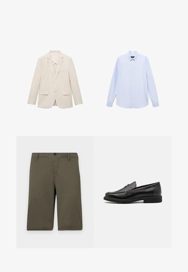 Svijetlosmeđa jakna od odijela izrađena od glatkog materijala, s jednim kopčanjem, otklonjenim reverima i dva prednja džepa.; Svijetloplava košulja dugih rukava s dugim rukavima i klasičnim ovratnikom, ravnim rubom i suptilnom teksturom. Ima središnje kopčanje na gumbe.; Kaki kratke hlače izrađene od čvrstog materijala, s ravnim prednjim dijelom, petljama za remen i zatvaranjem na gumba; imaju dva bočna džepa i uredne šavove.; Crne sintetičke loafers cipele s izraženim šavom sprijeda, podstavljenom uloškom i ravnim gumeni potplatom; elegantan dizajn s minimalnim detaljima.