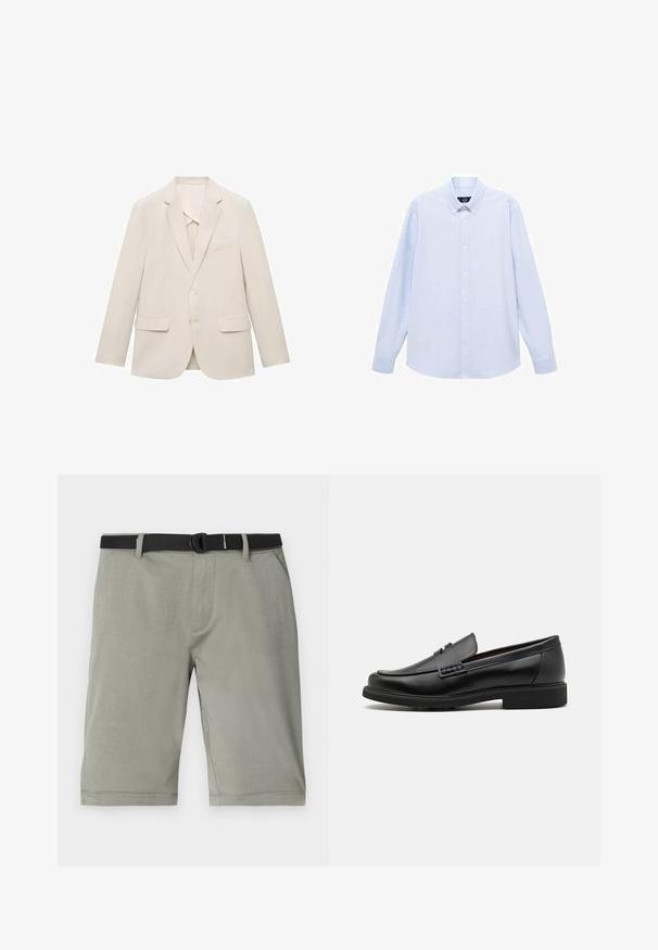 Americana de traje beige claro hecha de tejido suave, con diseño de un solo botón, solapas de muesca y dos bolsillos frontales.; Camisa de botones de manga larga azul claro con cuello clásico, dobladillo recto y una sutil textura. Presenta un cierre central de botones.; Pantalones cortos grises hechos de una tela texturizada, que cuentan con un cinturón negro, bolsillos estándar y un dobladillo que termina justo por encima de la rodilla.; Mocasines sintéticos negros con un prominente frente cosido, plantilla acolchada y suela plana de goma; diseño elegante con un detalle mínimo.