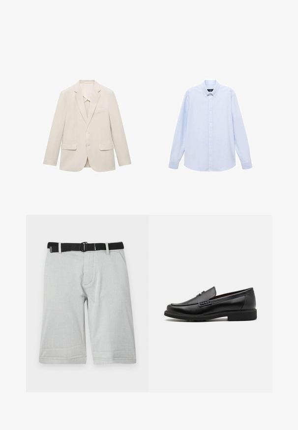 Jasno beżowa marynarka z gładkiego materiału, o designie z jedno guzikowym zapięciem, z klapami wykroju notch oraz dwiema przednimi kieszeniami.; Jasnoniebieska koszula z długim rękawem, zapinana na guziki, z klasycznym kołnierzykiem, prostym dołem i subtelną teksturą. Posiada centralne zapięcie na guziki.; Jasnoszare szorty z teksturowanej tkaniny, z czarnym regulowanym paskiem i dwoma bocznymi kieszeniami, wykończone na wysokości kolan w prostym kroju.; Czarne syntetyczne mokasyny z wyraźnym przeszyciem z przodu, wyściełaną wkładką i płaską gumową podeszwą; smukły design z minimalnymi detalami.