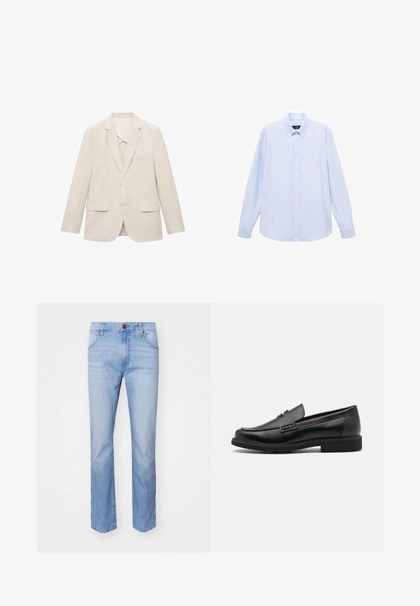 Svetlo béžová sako z hladkej látky, s jednoradovým dizajnom, s výrezovými klopami a dvoma prednými vreckami.; Svetlomodrá košeľa s dlhým rukávom a gombíkmi, s klasickým golierom, rovnými okrajmi a jemnou textúrou. Obsahuje centrálny gombíkový zapínací systém.; Svetlomodré džínsové nohavice s rovnými nohavicami, so prednými vreckami, gombíkovým zapínaním a jemným vyblednutím po celej ploche.; Čierne syntetické poltopánky s výrazným prešitým predným detailom, vycpanou vnútornou stielkou a plochou gumovou podrážkou; elegantný dizajn s minimálnym zdobením.