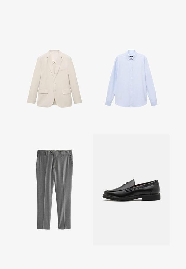 Helle beigefarbene Anzugjacke aus glattem Stoff, mit einem einreihigen Design, Reverskragen und zwei vorderen Taschen.; Hellblaues Langarmhemd mit Knopfleiste, klassischem Kragen, geradem Saum und subtiler Textur. Mit zentraler Knopfverschluss.; Graue Hosen aus einem strukturierten Stoff, mit Seitentaschen, einem Knopfverschluss und einem geraden Schnitt mit eingezogenen Falten vorne.; Schwarze synthetische Slipper mit einer markanten gesteppten Vorderseite, gepolstertem Fußbett und flacher Gummisohle; schlankes Design mit minimaler Detailverarbeitung.