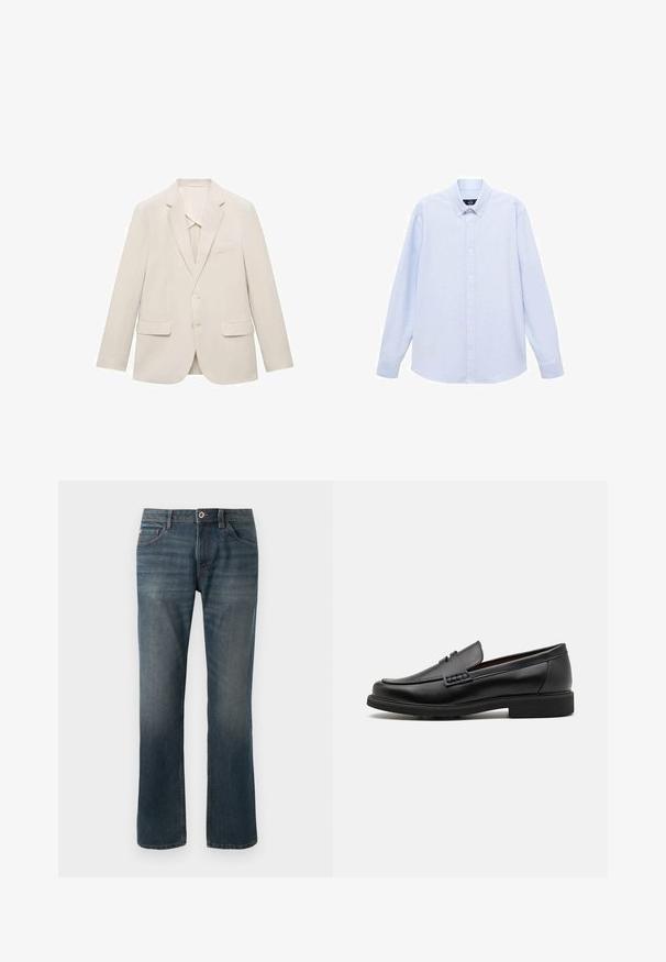 Svetlo bež suknjič iz gladkega materiala, s pravočrtno zasnovo, z obrežnimi reverji in dvema sprednjima žepoma.; Svetlo modra srajca z dolgimi rokavi in gumbi, klasičnega ovratnika, ravnega roba in subtilne teksture. Ima srednje gumbno zapiranje.; Temno modri denim kavbojki s ravnim krojem nogavic. Značilnosti vključujejo pet žepov, kontrastno šivanje ter sprednji gumb in zadrgo.; Črne sintetične loafers čevlje s poudarjenim šivanim sprednjim delom, blazinasto vložkom in ravnim gumijastim podplatom; eleganten dizajn z minimalnimi detajli.