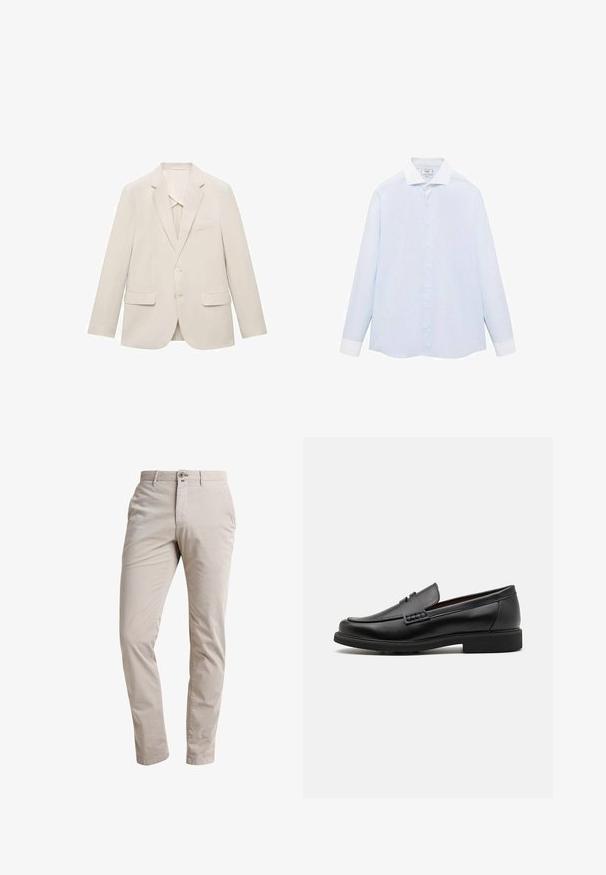 Světle béžová sako vyrobené z hladké tkaniny, s jednobarevným designem, klopami a dvěma předními kapsami.; Svetle modrá pruhovaná košile s dlouhým rukávem, bílým límečkem a manžetami, s předním zapínáním na knoflíky a zakřiveným lemem. Hladká textura látky.; Světle béžové kalhoty vyrobené z bavlněné směsi. Rovný střih s předním zapínáním na knoflík a bočními kapsami. Hladká textura.; Černé syntetické mokasíny s výrazně prošívanou špicí, měkkou stélkou a plochou gumovou podrážkou; elegantní design s minimálním zdobením.