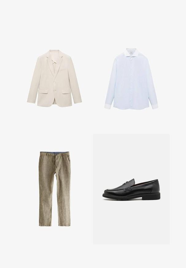 Giacca da uomo beige chiaro realizzata in tessuto liscio, caratterizzata da un design a un petto, rever a inversione e due tasche frontali.; Camicia a maniche lunghe a righe blu chiaro con colletto e polsini bianchi, dotata di chiusura con bottoni sul davanti e orlo curvo. Tessuto dalla texture liscia.; Pantaloni in misto lino, marrone chiaro con una finitura testurizzata, dotati di una vita con cordoncino e tasche laterali. Design leggero e taglio dritto.; Mocassini sintetici neri con una spessa cucitura frontale, soletta imbottita e suola piatta in gomma; design elegante con dettagli minimi.