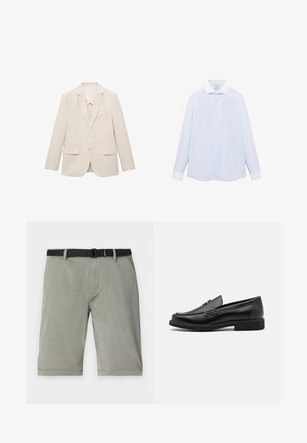 Veste de costume beige clair en tissu lisse, dotée d'un design à un bouton, de revers crantés et de deux poches avant.; Chemise à rayures bleu clair à manches longues avec un col et des poignets blancs, dotée d'une fermeture à boutons sur le devant et d'un ourlet incurvé. Texture de tissu lisse.; Un short gris en tissu texturé, doté d'une ceinture noire, de poches classiques et d'un ourlet se terminant juste au-dessus du genou.; Chaussures de ville synthétiques noires avec un devant cousu bien visible, semelle intérieure rembourrée et semelle extérieure en caoutchouc plate ; design épuré avec un minimum de détails.