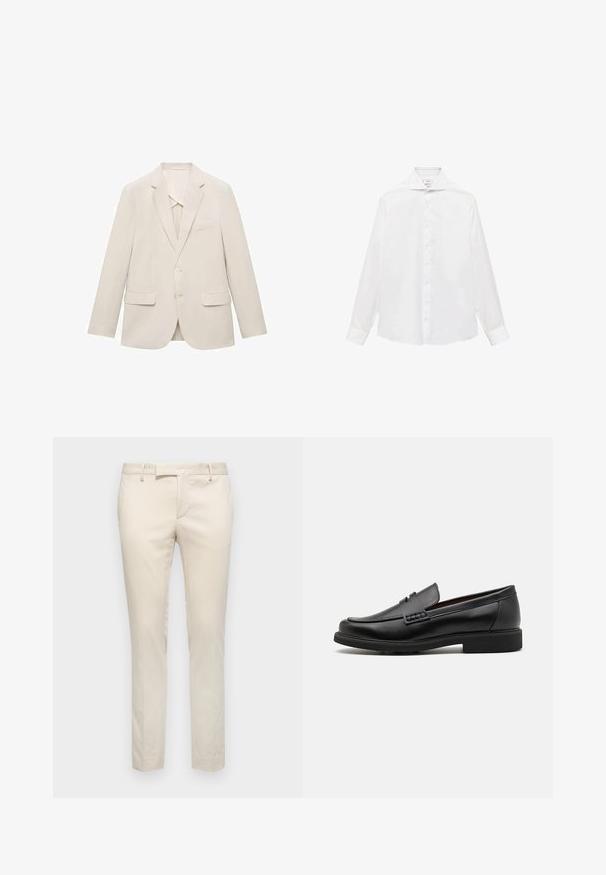 Jasno beżowa marynarka z gładkiego materiału, o designie z jedno guzikowym zapięciem, z klapami wykroju notch oraz dwiema przednimi kieszeniami.; Biała, długorękawowa koszula zapinana na guziki z wyrazistym kołnierzykiem, o gładkiej fakturze i siedmioma guzikami z przodu.; Beżowe dopasowane spodnie wykonane z gładkiego materiału. Slim fit z płaskim przodem i bocznymi kieszeniami. Minimalistyczny styl bez zdobień.; Czarne syntetyczne mokasyny z wyraźnym przeszyciem z przodu, wyściełaną wkładką i płaską gumową podeszwą; smukły design z minimalnymi detalami.