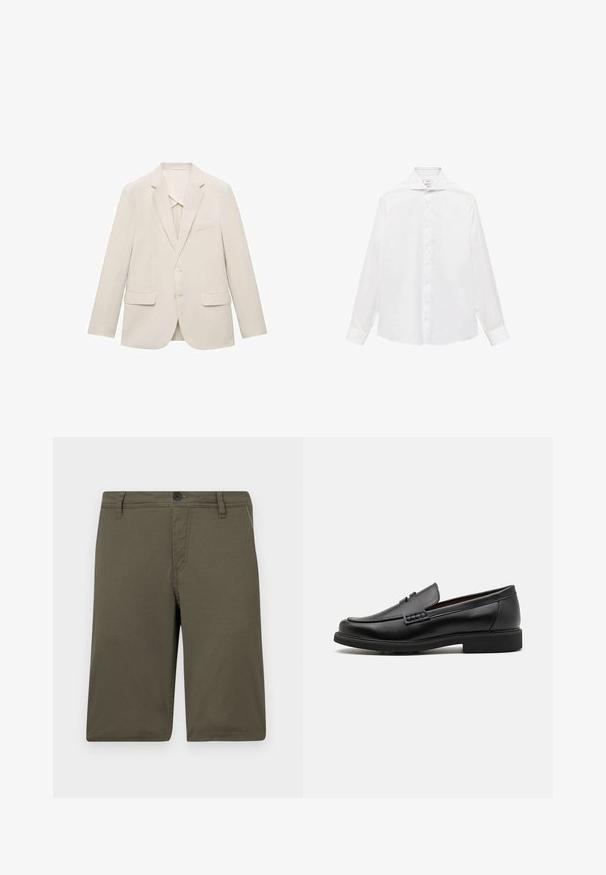Světle béžová sako vyrobené z hladké tkaniny, s jednobarevným designem, klopami a dvěma předními kapsami.; Bílá košile s dlouhým rukávem a špičatým límečkem, která má hladký povrch a sedm knoflíků vpředu.; Khaki šortky vyrobené z odolné tkaniny s plošným předním dílem, poutky na opasek a zapínáním na knoflík; obsahují dvě boční kapsy a upravené švy.; Černé syntetické mokasíny s výrazně prošívanou špicí, měkkou stélkou a plochou gumovou podrážkou; elegantní design s minimálním zdobením.