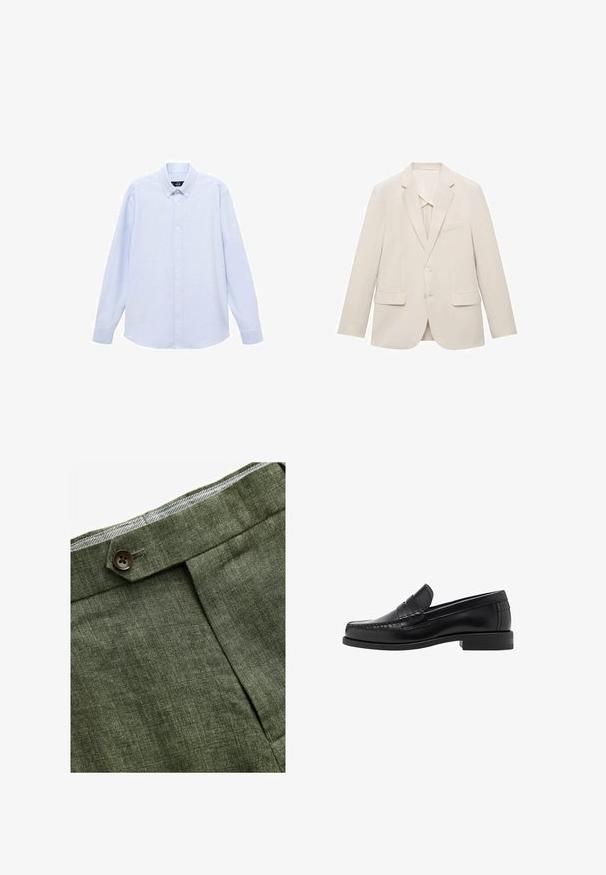 Svetlo béžová sako z hladkej látky, s jednoradovým dizajnom, s výrezovými klopami a dvoma prednými vreckami.; Svetlomodrá košeľa s dlhým rukávom a gombíkmi, s klasickým golierom, rovnými okrajmi a jemnou textúrou. Obsahuje centrálny gombíkový zapínací systém.; Olivové ľanové nohavice s predným záhybom, so zapínaním na gombík a kontrastnou kockovanou podšívkou na pase.; Čierne kožené loafers s hladkým povrchom, prešívané detaily na špičke a nízky dizajn podpätku pre pohodlie a štýl.