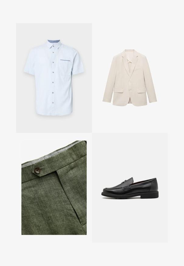 Lichtbeige colbert gemaakt van een gladde stof, met een enkelvoudige sluiting, notch revers en twee voorzakken.; Lichtblauw overhemd met korte mouwen, gemaakt van zachte stof, met een knoopsluiting aan de voorkant, een enkele borstzak en een contrasterende kraagdetail.; Olijf groene linnen broek met een voorplooi, voorzien van een knoopsluiting en een contrasterende geruite voering bij de tailleband.; Zwarte synthetische loafers met een opvallende gestikte voorkant, gevoerde binnenzool en platte rubberen buitenzool; slank ontwerp met minimale details.