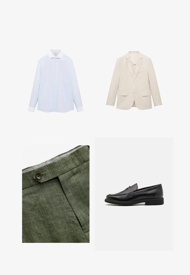 Svetlo bež suknjič iz gladkega materiala, s pravočrtno zasnovo, z obrežnimi reverji in dvema sprednjima žepoma.; Svetlo modra prugasta srajca z dolgimi rokavi in belim ovratnikom ter manšetami, z gumbasto sprednjo zaponko in ukrivljenim robom. Gladka tekstura tkanine.; Olivnozeleni laneni hlače s prednjim plisem, ki vključujejo gumb za zapiranje in kontrastno karirasto oblogo na pasu.; Črne sintetične loafers čevlje s poudarjenim šivanim sprednjim delom, blazinasto vložkom in ravnim gumijastim podplatom; eleganten dizajn z minimalnimi detajli.