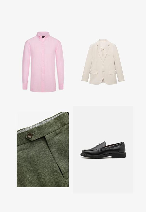 Lichtbeige colbert gemaakt van een gladde stof, met een enkelvoudige sluiting, notch revers en twee voorzakken.; Lange mouwen knoop-overhemd van lichtroze linnen, met een klassieke kraag en parelachtige knopen, met een gladde, lichtjes gestructureerde afwerking.; Olijf groene linnen broek met een voorplooi, voorzien van een knoopsluiting en een contrasterende geruite voering bij de tailleband.; Zwarte synthetische loafers met een opvallende gestikte voorkant, gevoerde binnenzool en platte rubberen buitenzool; slank ontwerp met minimale details.