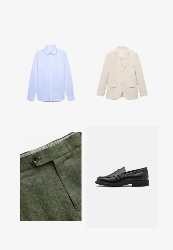 Giacca da uomo beige chiaro realizzata in tessuto liscio, caratterizzata da un design a un petto, rever a inversione e due tasche frontali.; Camicia azzurro chiaro a maniche lunghe realizzata in un tessuto liscio, con colletto classico, chiusura frontale con bottoni e polsini dritti.; Pantaloni in lino verde oliva con piega frontale, dotati di chiusura con bottone e una fodera a quadretti a contrasto nella cintura.; Mocassini sintetici neri con una spessa cucitura frontale, soletta imbottita e suola piatta in gomma; design elegante con dettagli minimi.