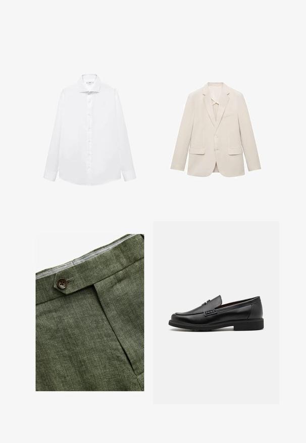 Svijetlosmeđa jakna od odijela izrađena od glatkog materijala, s jednim kopčanjem, otklonjenim reverima i dva prednja džepa.; Bijela košulja dugih rukava izrađena od glatkog pamuka, s oštrim ovratnikom, prednjim zatvaranjem na gumbe i ravnim rubom.; Maslinaste zelene lanene hlače s prednjim nabora, s zatvaranjem na dugme i kontrastnom kariranom podlogom na pojasu.; Crne sintetičke loafers cipele s izraženim šavom sprijeda, podstavljenom uloškom i ravnim gumeni potplatom; elegantan dizajn s minimalnim detaljima.