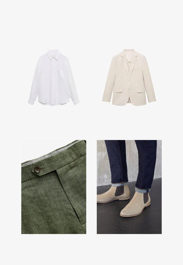 Svetlo béžová sako z hladkej látky, s jednoradovým dizajnom, s výrezovými klopami a dvoma prednými vreckami.; Biely dlhý rukáv košele vyrobený z ľahkého materiálu, s gombíkovým zapínaním vpredu, golierom a jednou náprsné vreckom. Hladká textura.; Olivové ľanové nohavice s predným záhybom, so zapínaním na gombík a kontrastnou kockovanou podšívkou na pase.; Zign LEATHER - Klasické členkové čižmy - sand