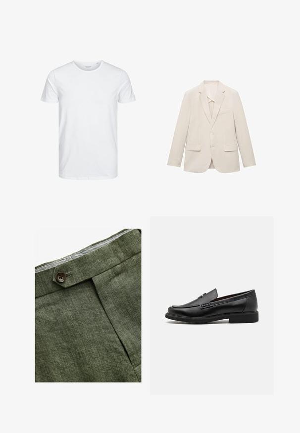 Lichtbeige colbert gemaakt van een gladde stof, met een enkelvoudige sluiting, notch revers en twee voorzakken.; Ronde hals kortemouwen t-shirt in effen wit, gemaakt van zachte katoen, heeft een eenvoudig ontwerp zonder zichtbare patronen of accenten.; Olijf groene linnen broek met een voorplooi, voorzien van een knoopsluiting en een contrasterende geruite voering bij de tailleband.; Zwarte synthetische loafers met een opvallende gestikte voorkant, gevoerde binnenzool en platte rubberen buitenzool; slank ontwerp met minimale details.